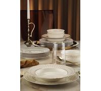 Ensemble de dîner élégant de 24 pièces, 100% porcelaine. Comprend 6 assiettes de service (27 cm), assiettes creuses (21 cm), assiettes à dessert (21 cm) et bols (15 cm). Parfait pour les dîners