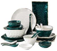 Ensemble de dîner élégant pour le restaurant et la maison de luxe, les ensembles d'assiette et de bol de style minimaliste nordique, ensembles de vaisselle en céramique mélangés verts et blanc