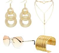 Ensemble de Disco des Années 70 Lunettes de Soleil sans Monture à Coupe de Diamant Bracelets de Fil Métallique Collier Ras du Cou en Couches Boucles d'Oreilles de Disco de Tourbillon Triple en Or