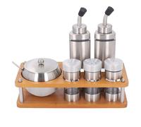 Ensemble de distributeurs de condiments de cuisine avec base en bois | Bouteilles distributrices d'assaisonnement 5 pièces, 1 pot d'assaisonnement avec étagère pour huile, sel, sucre, vinaigre