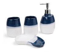 Ensemble de distributeurs de Savon Ensemble d'accessoires de Salle Bain en céramique, 4 pièces, dégradé Blanc et Bleu, 2 gobelets à gargarisme, 1 Porte-Savon pour Une Nouvelle Maison