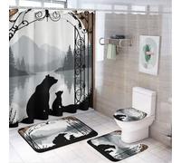 Ensemble de douche 4 pièces motif ourson, rayures en bois, 183 cm x 183 cm, tapis antidérapant pour couvercle de toilette et tapis en forme de U, ensemble de décoration de salle de bain rustique noir