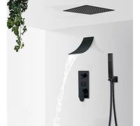 Ensemble de douche à effet pluie et robinet cascade noir mat avec écran LCD numérique, système de douche mélangeur à 3 voies, pommeau de douche à effet pluie de 40,6 cm pour salle de bain, design