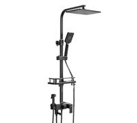 Ensemble de douche avec robinet, douche thermostatique intelligente dans un boîtier en acier inoxydable, quatre pommeaux de douche, réglables et abaissables, avec pistolet/étagère (noir, 4 niveaux)