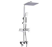 Ensemble de douche avec robinet, douche thermostatique intelligente dans un boîtier en acier inoxydable, quatre pommeaux de douche, réglables et abaissables, avec pistolet/étagère (argenté, 3 niveaux)