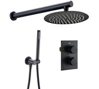 Ensemble de Douche de Salle de Bain en Laiton Robinet de Douche à Effet Pluie Système de Douche à Valve thermostatique Noir Mat Pommeau de Douche Mural de 8 à 12 Pouces, Valve Ronde de 8 Pouces