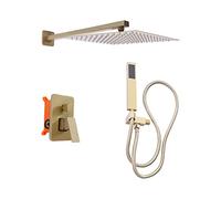 Ensemble de douche en acier inoxydable 2,5 GPM - Or brossé - Filetage universel - Avec douchette à main, douche à effet pluie, tuyau d'eau de 150 cm - Système de douche pour salle de bain