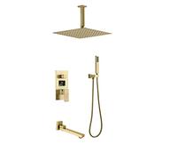 Ensemble de douche mélangeur de pluie pour salle de bain, affichage numérique monté au plafond, LED or brossé, avec pomme de douche à effet de pluie carrée de 10 à 12 pouces et robinets de baignoire,