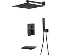 Ensemble de douche noir mat - Système de douche cascade à effet pluie - Mélangeur de baignoire mural à 3 voies - Robinet dissimulé pour salle de bain moderne