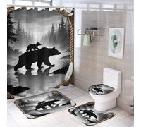 Ensemble de douche rustique en corde à motif ourson (4 pièces), rideau de douche 72 po x 72 po, couvre-abattant de toilette antidérapant et tapis en forme de U, ensemble de décoration de salle de bai