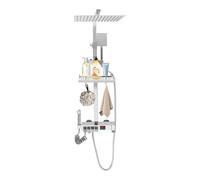 Ensemble de douche thermostatique 4 modes avec douchette et pommeau de douche en laiton - Bouton piano - Affichage numérique - Colonne de douche réglable avec panier de rangement