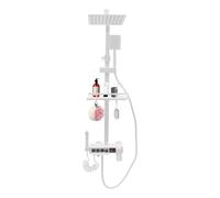 Ensemble de douche thermostatique avec douchette à main et pommeau de douche 4 modes en laiton - Bouton piano - Affichage numérique - Colonne de douche réglable avec panier de rangement