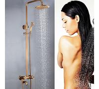 Ensemble de douche thermostatique - Colonne de douche rétro ronde - Robinet de douche avec douche à effet pluie et douchette à main - Thermostat - En cuivre