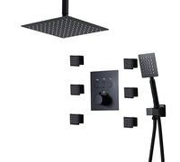 Ensemble de douche thermostatique, ensemble de douche mural noir, mitigeur de pluie en laiton avec pommeau de douche, douchette à main, 6 jets de corps pour une expérience de bain ultime