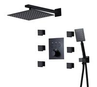 Ensemble de douche thermostatique, ensemble de douche mural noir, mitigeur de pluie en laiton avec pommeau de douche, douchette à main, 6 jets de corps pour une expérience de bain ultime