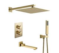 Ensemble de douche thermostatique mural doré brossé avec pommeau de douche en acier inoxydable de 30,5 cm, douchette à main, bec de baignoire, pommes de douche