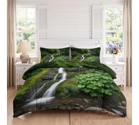 Ensemble De Draps Écologie Housse De Couette en Microfibre 90 x 190 | Parure De Lit Nature Forêt Cascade Hypoallergénique, Housse De Couette Vert Avec Fermeture Éclair