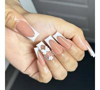 Ensemble de faux ongles à pression, 24 pièces, longs carrés, nœuds de fleurs françaises, à coller sur les femmes, accessoires de fête, accessoires de beauté pour femmes