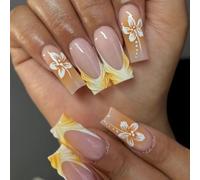 Ensemble de faux ongles français élégants, avec motifs de fleurs 3D, effet blanc, ABS confortable, adaptés à la plupart des doigts, ongles à peau délicate, 1 ensemble