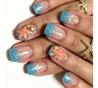 Ensemble de faux ongles sur le thème côtier, 24 pièces de faux ongles à paillettes bleues avec d ' accent de perles de coquillage pour femmes, fêtes de vacances, faux ongles sur le thème de la de