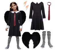 Ensemble de fée vampire pour enfant - Comprend une robe noire, des accessoires pour ailes, des collants rayés, une cravate et des oreilles pointues - Parfait pour Halloween, jeu de déguisement et