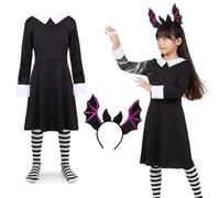 Ensemble de fée vampire pour enfant - Comprend une robe noire, un bandeau à ailes et des collants rayés - Parfait pour Halloween, jeu de déguisement et journée mondiale du livre - Déguisement