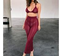 Ensemble de femmes en résille avec trou, top à nu et pantalon long, rouge vin, taille L