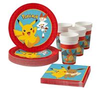 Pokemon Kit de fête 36 pièces avec assiettes en carton, serviettes et gobelets en carton pour anniversaire d'enfant et fête à thème