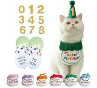 Ensemble de fête d'anniversaire tout-en-un pour chat - Chapeau et bandana réutilisables réglables avec numéros d'âge | Kit complet de célébration du chaton pour des étapes mémorables (vert)