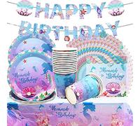 Ensemble de Fête de Sirène, Unique Party- Assiettes, Kit Contient Assiettes Tasse Serviette Bannière Nappe pour 16 Invités Décoration D'anniversaire Fille Baby Shower