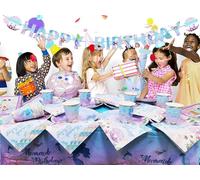 Ensemble De Fête De Sirène, Unique Party- Assiettes, Kit Contient Assiettes Tasse Serviette Bannière Nappe Pour 16 Invités Décoration D'anniversaire Fille Baby Shower