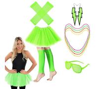 Ensemble de fête néon - Jupe tutu vibrante, gants en résille, collier néon tendance, boucles d'oreilles vintage | Parfait pour les fêtes à thème des années 80, les déguisements et les événements