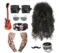 Ensemble de Fête Rocker pour Hommes Set de 8 Accessoires Rockstar, Années 80 Deguisements Rock Accessoires, Perruque Hommes et Moustache,Hippie Homme Perruque Kit Accessoires Déguisement(Noir)