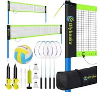 Ensemble de filet de volleyball et de badminton portable pour jardin, plage avec filet de 6,1 m et 9,8 m, poteaux réglables, volleyball en polyuréthane, raquettes en aluminium et sac de transport