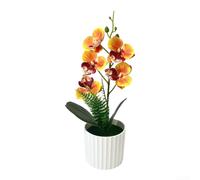 Ensemble de fleurs d'orchidée artificielles avec cinq fleurs détaillées montées dans un pot vertical pour décoration florale d'intérieur toute l'année (orange-jaune)