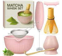Ensemble de fouet à matcha avec bol à matcha - Ensemble comprenant un mousseur électrique, un fouet en bambou, une cuillère à matcha, un support en bambou, un tamis, un support pour cuillère (rose