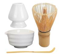 Ensemble de fouet à matcha en céramique réutilisable, kit élégant comprenant un bol avec bec verseur, un support, une cuillère en bambou et une cuillère en bambou pour les amateurs de thé, blanc