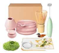 Ensemble de fouet à matcha et bol, kit de fabrication de matcha, bol avec bec, tamis, support de fouet en céramique, cuillère à thé japonais, outils de démarrage pour cadeau de cérémonie (rose, lot de