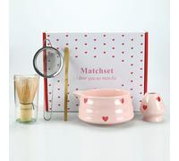 Ensemble de fouets Matcha 2/4/5 pièces avec motif cœur rose, ensemble Matcha comprend un bol Matcha, un fouet Matcha et un support de fouet, une cuillère, un tamis, Pink Heart 2pcs