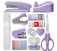 Ensemble de Fournitures de Bureau, Kit Violet de 10 Accessoires de Bureau, Comprenant une Agrafeuse, des Agrafes un Dégrafeur des Ciseaux un Mètre ruban un Cutter une Pince et des Notes Adhésives