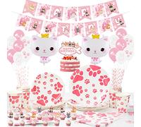 Ensemble de fournitures de fête d'anniversaire de Vaisselle chat - , comprend une bannière de joyeux anniversaire, des assiettes, une nappe, des tasses, des ballons, des pailles 24 Invités