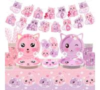 Ensemble de fournitures de fête d'anniversaire pour chat comprenant une bannière « Happy Birthday », des assiettes, une nappe, des tasses, et des pailles pour décorations de fête