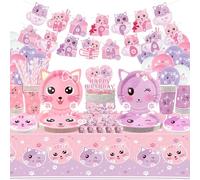 Ensemble de fournitures de fête d'anniversaire pour chat comprenant une bannière « Happy Birthday », des assiettes, une nappe, des tasses, des ballons et des pailles pour décorations de fête pour