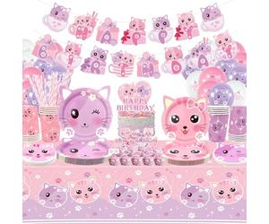 Ensemble de fournitures de fête d'anniversaire pour chat comprenant une bannière « Happy Birthday », des assiettes, une nappe, des tasses, des ballons et des pailles pour décorations de fête pour