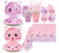 Ensemble de fournitures pour fête d'anniversaire de chat, assiettes, nappe, gobelets, pailles pour les décorations de fête de chat pour les enfants, pour 20 invités