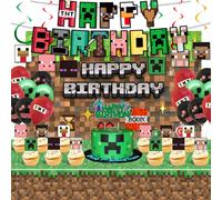 Ensemble de fournitures pour fête d'anniversaire du monde pixel Minecraft, comprenant des décorations, de la vaisselle, une bannière, un fond, des drapeaux, des assiettes, des serviettes, des gobelets