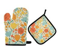 Ensemble de gants de cuisine et maniques à fleurs jaunes et roses - Résistants à la chaleur - Résistants à la chaleur - Antidérapants - Pour micro-ondes, barbecue, cuisson au four