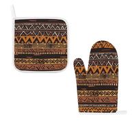 Ensemble de gants de cuisine et maniques africains tribaux antidérapants et résistants à la chaleur - Résistants à l'eau - Longs gants de cuisine pour la cuisine