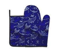 Ensemble de gants de cuisine et maniques avec motif raie manta et poissons, résistants à la chaleur et antidérapants