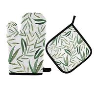 Ensemble de gants de cuisine et maniques - Feuilles vertes et fleurs blanches - Résistants à la chaleur - Tapis de cuisine sûr - Poignée antidérapante pour micro-ondes, barbecue, cuisson, grillades